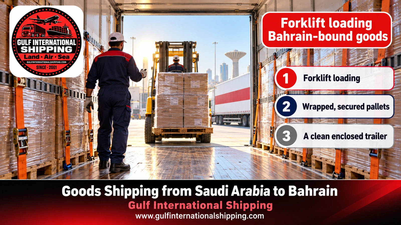 Forklift loading Bahrain-bound goods