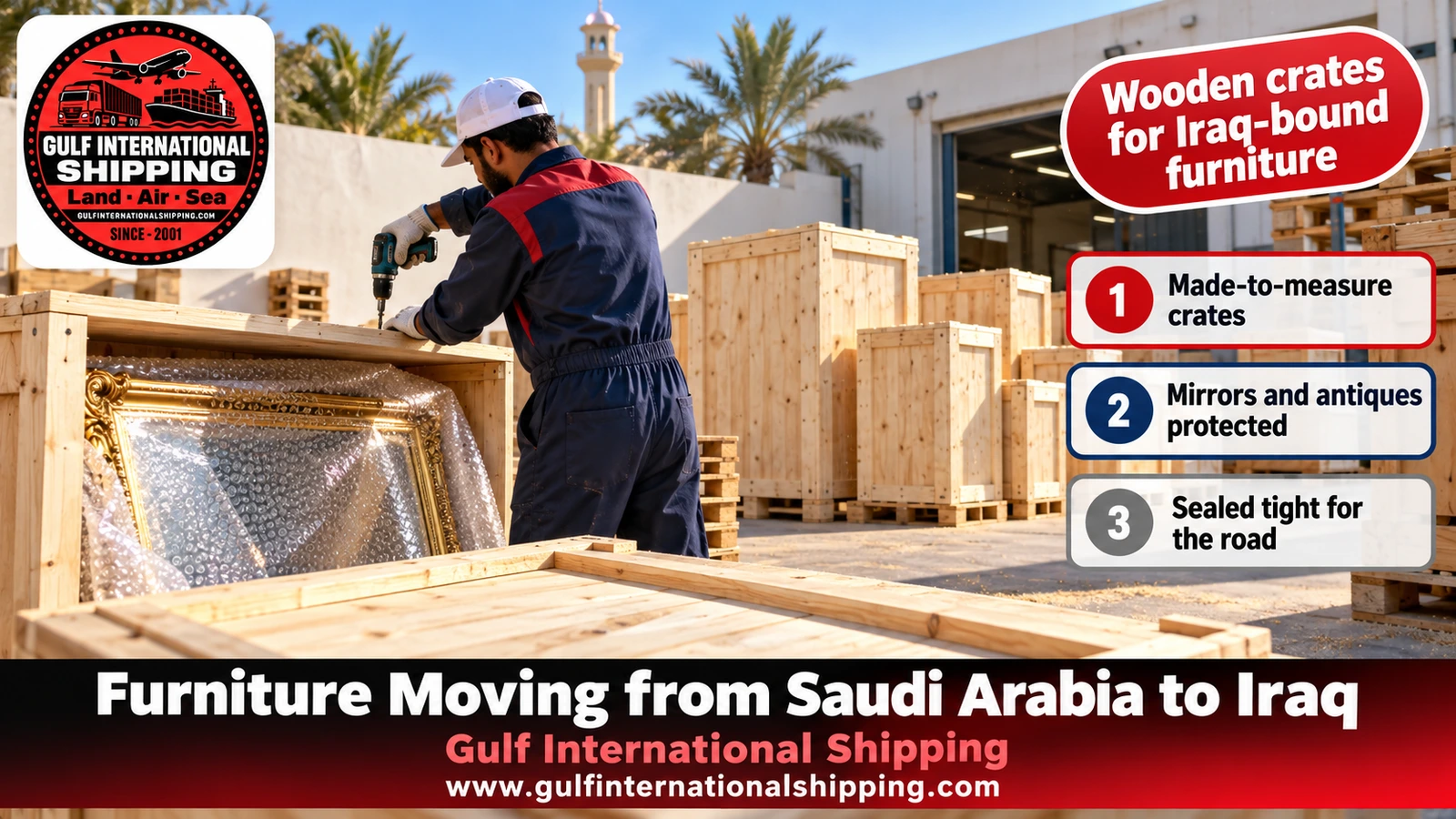Wooden crates for Iraq-bound furniture